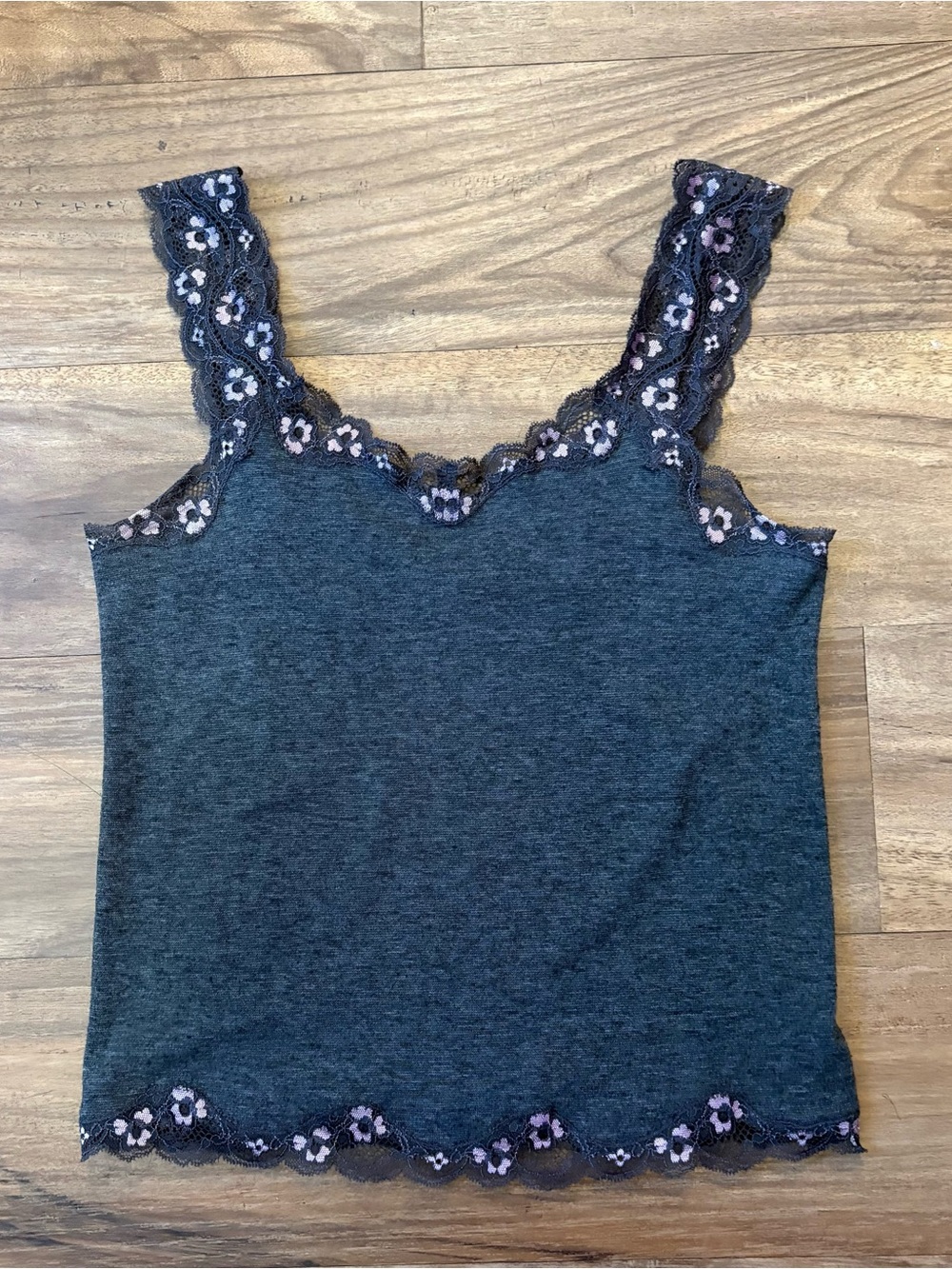 Aimer Grey and Pink Lace Trim Tank Top